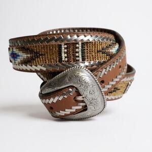 Tony Lama Unisex Southwestern Aztec Brown Leather Beaded Belt Whipstitch | 34